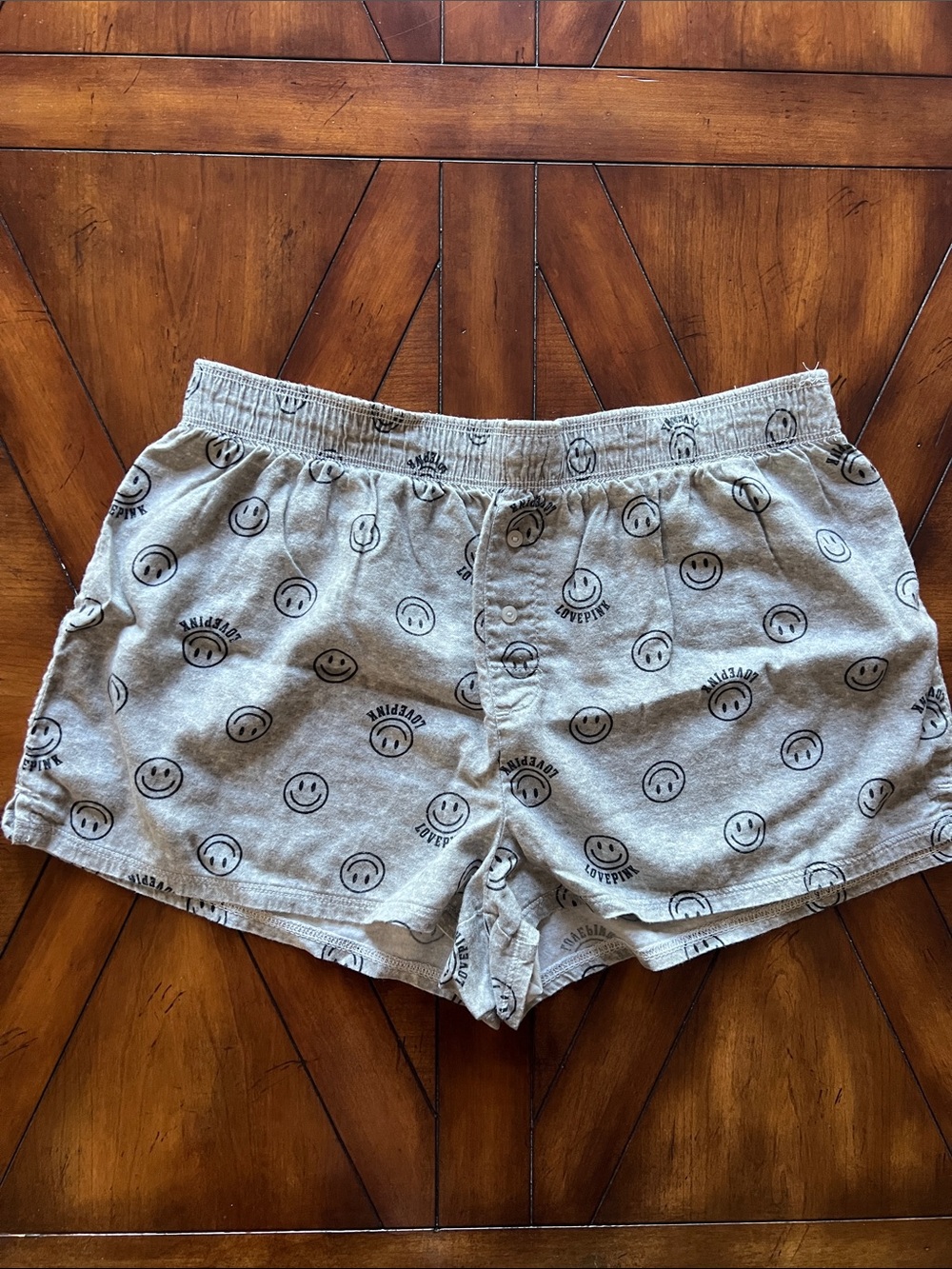 PINK Victoria's Secret Gray pajama Shorts with Black Smiley Print